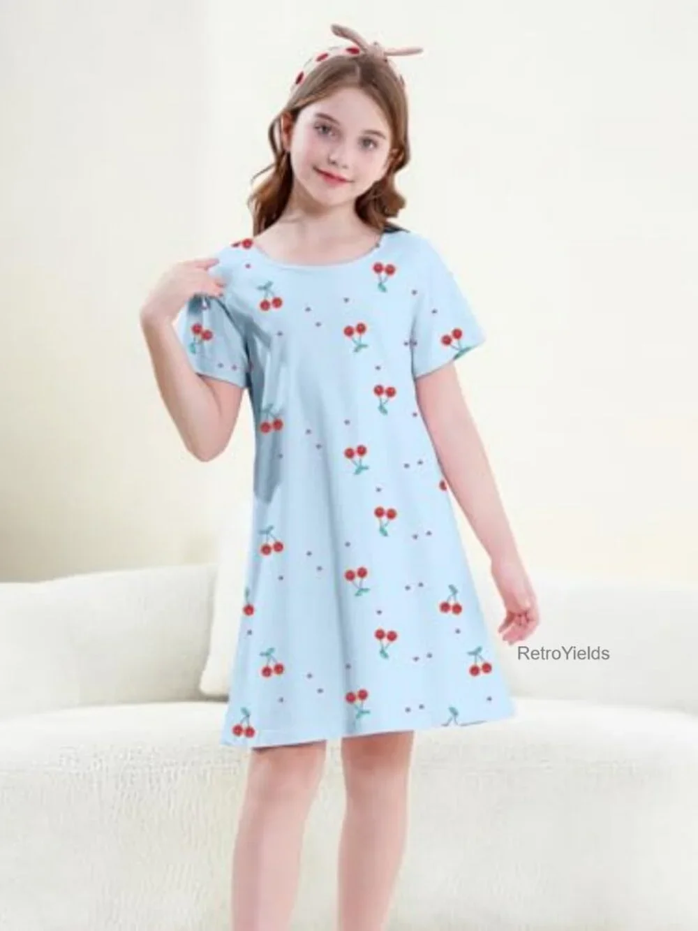 Girls Cotton Nightgown Short Sleeve Sleep Shirt Knee Length